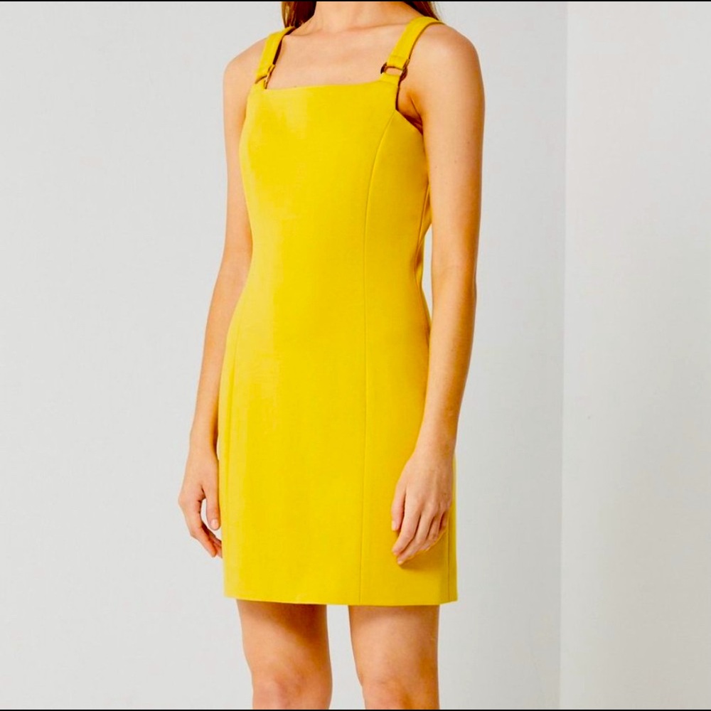 Elliatt Quando sheath dress in Mustard yellow with gold hardware, zip back. SzXS